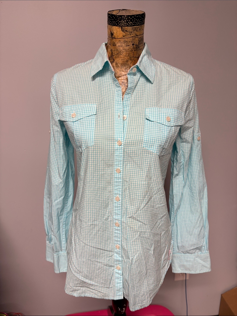 Lilly Pulitzer light Blue Gingham trimmed in pink Button-Down Shirt